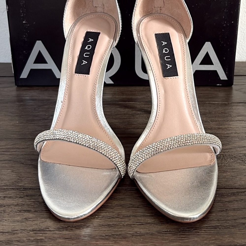 NIB [Aqua] Olivia Rhinestone Ankle Strap Silver Stiletto Heels Women's 8 or 8.5 - Picture 4 of 12